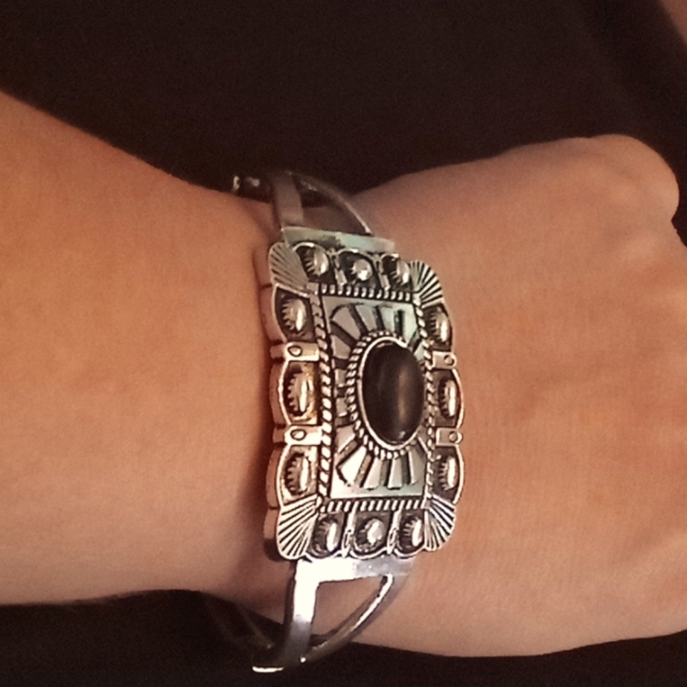Silver and stone Southwest Aztec design bracelet
